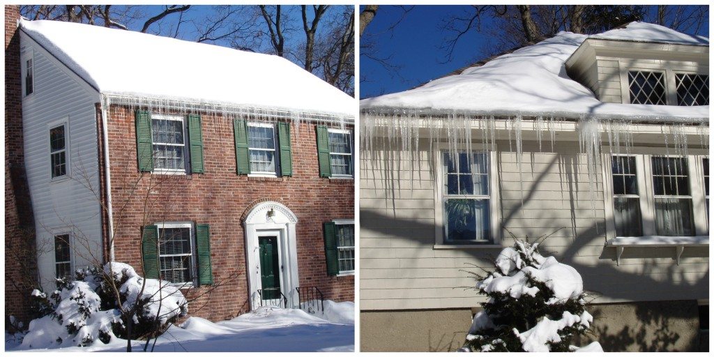 Thick ice dam at roof edge trapping melted snow and damaging roofing materials.