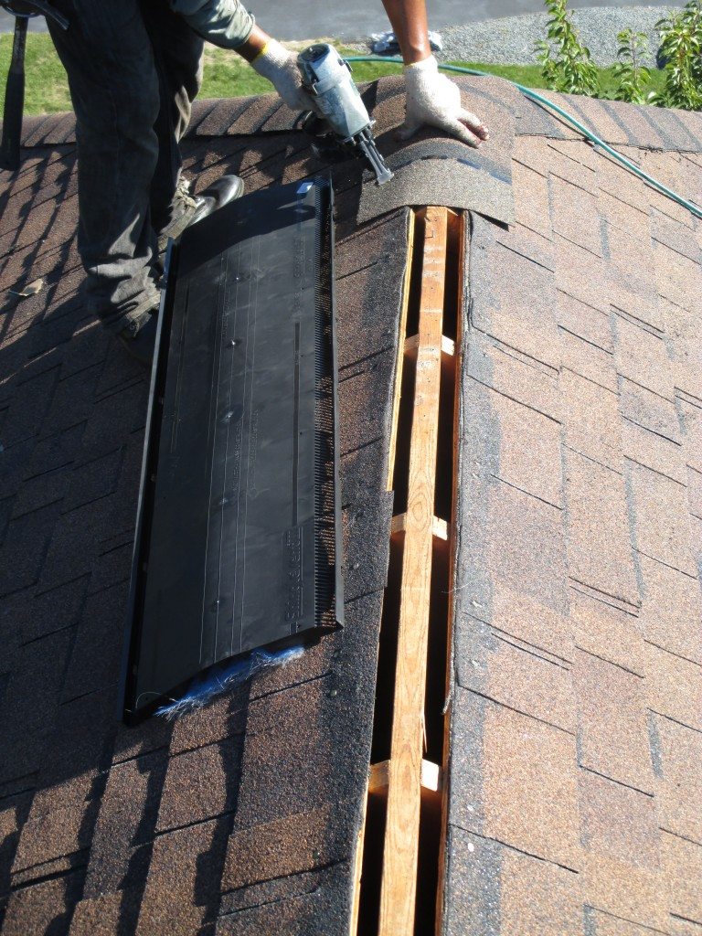 Properly installed roof ventilation and chimney flashing preventing water damage.